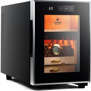 Woodronic Electric Cigar Humidor for 150 Cigars, 16L Humidor Cabinet with Temperature Control, Spanish Cedar Lined Shelf & Accessory Drawer, Digital Hygrometer & Crystal Gel Humidifier, Gift for Men (Stainless - Black)