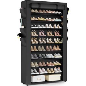 Mavivegue Shoe Rack with Cover, 10+1 Tier Tall Shoe Storage for 50-55 Pairs of Shoes, Shoe Organizer for Entryway, Closet (Black)
