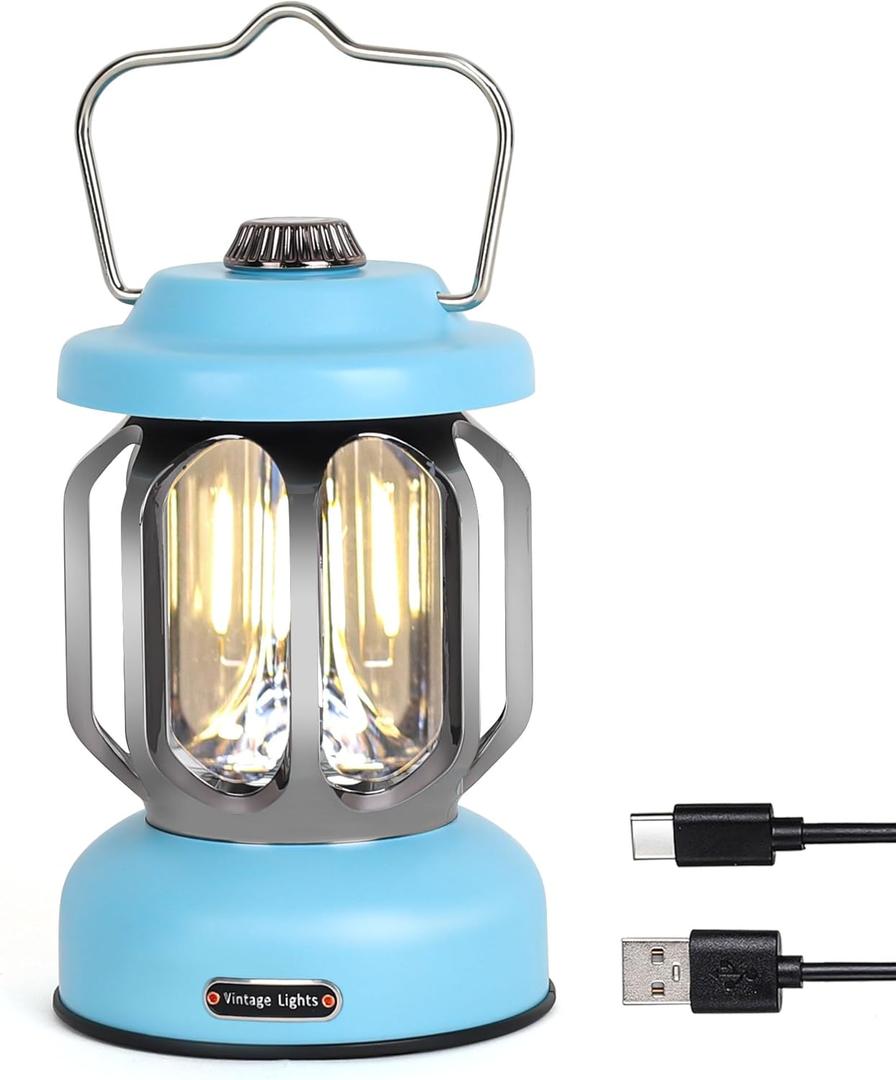 Rechargeable LED Camping Lanterns, Vintage Camping Lights Battery Operated, Portable Retro Metal Glamping Lights for Hiking, Hurricane, Decoration, Power outages, Blue, 1 Pack