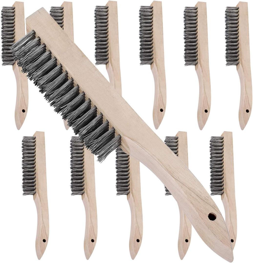 ZOENHOU 12 Pieces 10 Inches Wire Brush Wooden Handle, Multi-Purpose Wire Scratch Brush, Wire Brushes for Cleaning Welding Slags and Rust, 20 Steel Wires Each Hole
