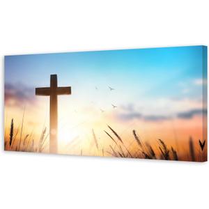 Christian Cross Canvas Wall Art - Religious Cross in Wheat Field with Sunrise & Birds, Inspirational Wall Decor for Living Room Bedroom Church, Spiritual Home Decoration Gift