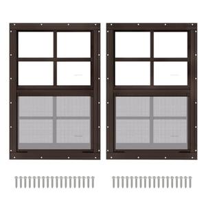 2 Pack 16" x 16" Brown Shed Window with Tempered Glass and Fiberglass Screen Household Sliding Windows with Screws for Shed, Chicken Coop, Playhouse, Garage and Barns