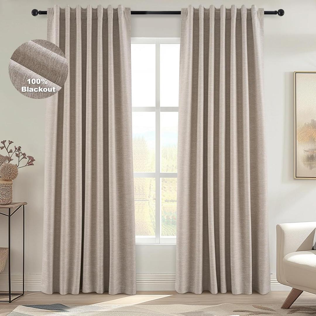 Topfinel 94 Inches Long Taupe Flax Custom Blackout Linen Curtains, Viral Ivory Pinch Pleated Noise Cancelling Curtains with Pin Hooks for Traverse, Burlap Viral Drapes 2 Panels for Living Room
94×"50"