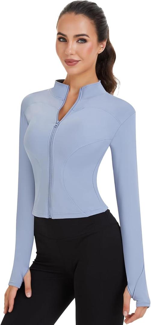 Shyyween 2 Pack Women's Workout Jacket Slim Fit Cropped Jacket Zip up Athletic Tops with Thumb Hole Running Gym Yoga Large, Blue & Black