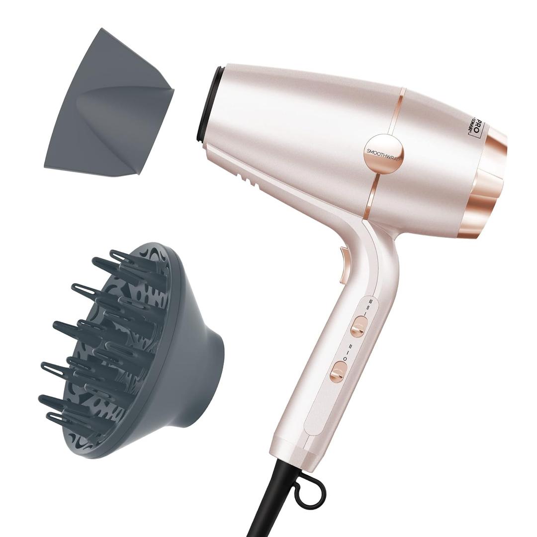 INFINITIPRO BY CONAIR SmoothWrap Hair Dryer with Diffuser | Blow Dryer for Less Frizz, More Volume and Body | With Advanced Plasma and Ceramic Technology | Pink Champagne (1 Count (Pack of 1))