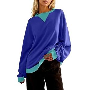 Sujama Oversized Color Block Sweatshirts Women Round Neck Pullover 2025 Cute Y2k Long Sleeve Fall Tops Dark Blue, Medium