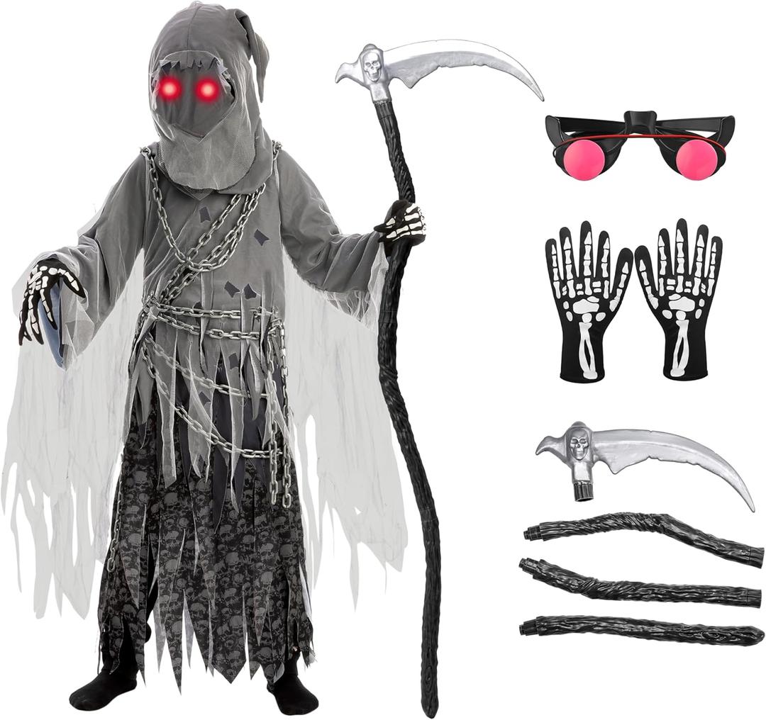 Spooktacular Creations Child Unisex Grim Reaper Costume, Halloween Costume with Glowing Red Eyes for Kids Trick-or-Treating (Medium(8-10 yr))