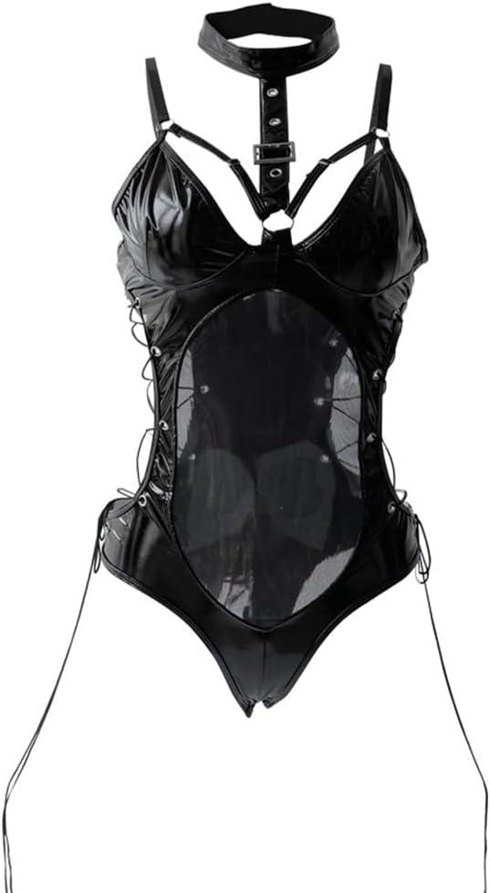 SINROYEE Women’s Teddy Bodysuit Sexy Lace Up Leather Pu Nightshirt Nightout One Piece ClubwearSexy cosplay Lingerie (Black, XL)