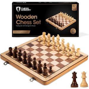 Chess Armory Wooden Chess Set 15 Inch - Premium Beech Wood Handcrafted Game Board for Adults and Kids with Extra Queen Pieces and Storage Box - Ideal for Home and Travel - Non-Magnetic