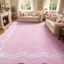 8x10 Area Rug Pink Bow Living Room Rug,Girls Bedroom Rug | Cute Princess Scalloped Rug Washable,Non Slip Soft Low Pile Floral Border Carpet for Extra Large Bedroom，Dining Room