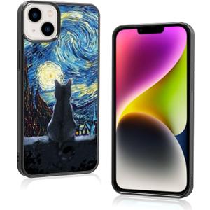 Black Cute Cat iPhone 15 Plus Case - 5.95 Inch Van Gogh Cute Cat iPhone Case, Non-Slip Pattern Design and Shock Absorption, Soft Silica Gel Frame Support Black Phone Case for Teen Girls and Sisters