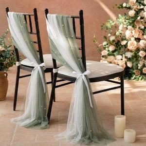 Breling 16 Pcs Wedding Pearl Chair Sashes 8ft Sheer Fabric Wedding Aisle Chair Decoration Fabric Sheer Beige & Sage Green Church Seat Slipcover Drapes with Ribbon Tape for Party Banquet Bridal Shower