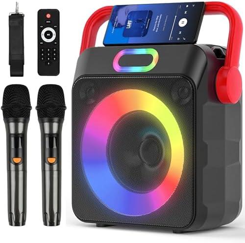 Karaoke Machine with Two Wireless Microphones, Portable Karaoke Machine for Adults & Kids, Bluetooth Speaker with Bass/Treble Adjustment, PA System, LED Lights, Supports TF/USB, AUX in, FM, REC, TWS
