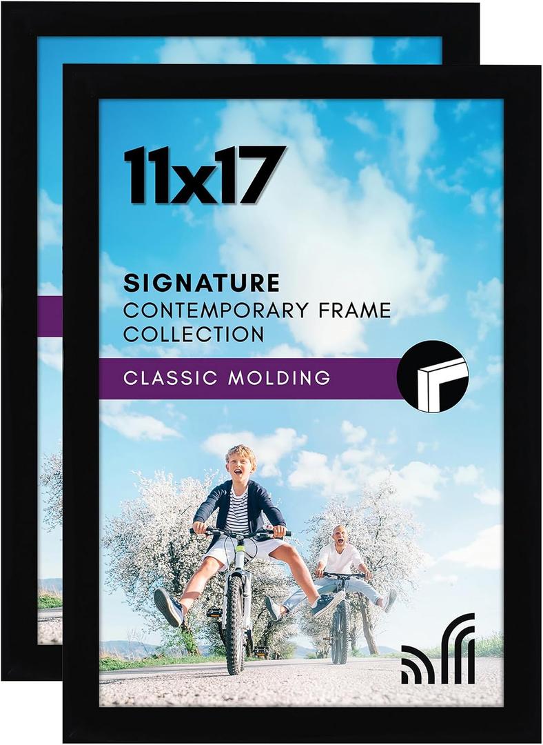 Americanflat 11x17 Picture Frame with Shatter-Resistant Glass - Set of 2 - Signature Collection - Gallery-Style Frames Made of Engineered Wood - Picture Frames for Wall Display - Black