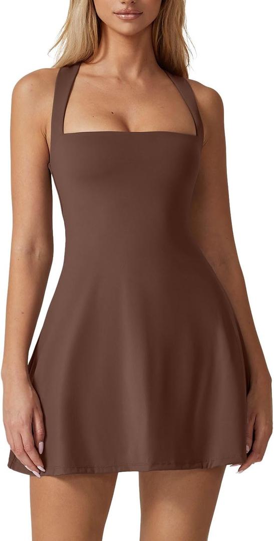 QINSEN Womens Square Neck Tennis Dress Sleeveless Built in Shorts Golf Athletic Dress with Pockets (Medium, Chestnut)