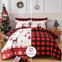 Christmas Comforter Set Queen Size 7 Pieces, Red Reindeer Snowflake Bed in A Bag, Reversible Red and Black Check Comforter with Sheet Set, Soft Polyester Bedding Set