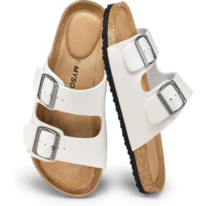 mysoft Womens Flat Sandals Cork Footbed Slides 2 Straps Adjustable Buckle Slip On Summer with +Comfort Shoes 8