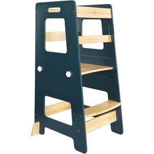 WOOD CITY Kitchen Step Stool - Safe Montessori Standing Tower for Kids with Safety Rail, Height Adjustable Toddler Ideal Helper for Learning New Skills, Anti-Slip Protection for Bathroom - Deep Blue