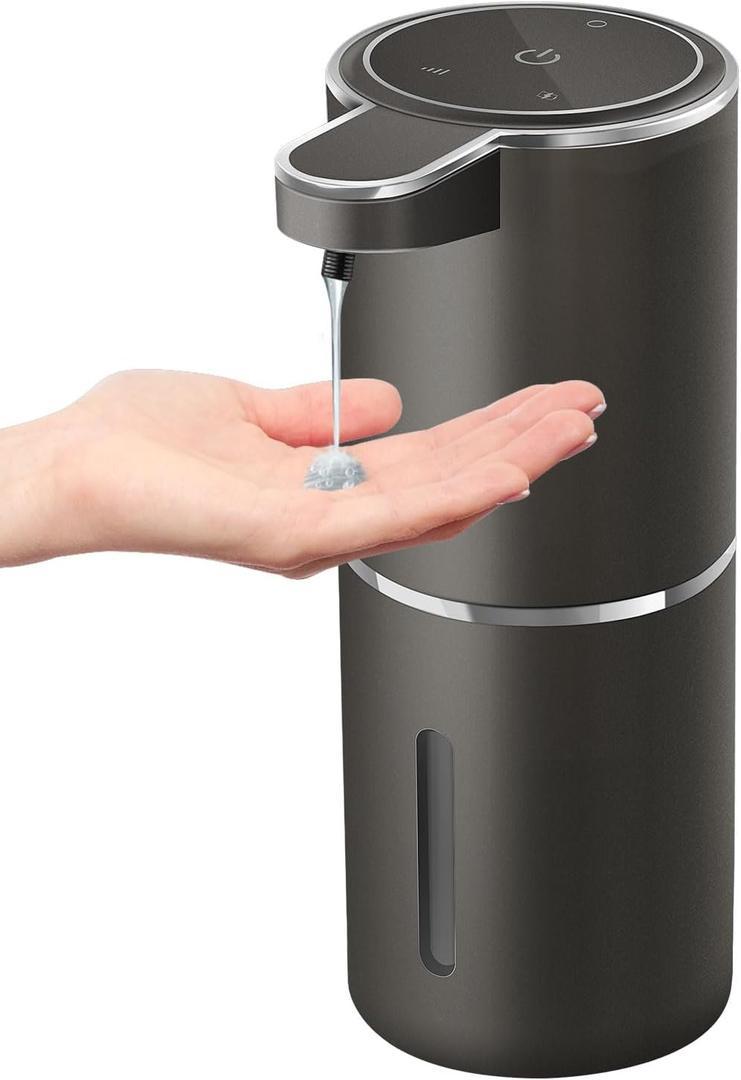 Automatic Liquid Soap Dispenser,4-Level Adjustable, Wall Mount, USB Rechargeable, 12.8oz/ 380ml,Touchless Hand & Dish Soap Dispenser for Bathroom, Kitchen, Hotel, Restaurant (Metallic Grey Black)