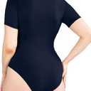 POSESHE Women's Plus Size Short Sleeve Square Neck Tank Top Bodysuit, (Blue, XXL)