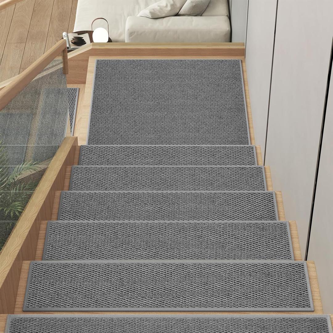 15PC Stair Treads Non-Slip Washable Peel and Stick Stair Treads for Wooden Steps Indoor Reusable Stair Carpet Treads Adhesive Stair-Runner Rugs for Kids and Dogs Elder8"x30" Gray