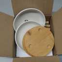 Shallow Elevated Cat Bowls with Bamboo Stand, 5.9 Inch Wide Ceramic Cat Dish Whisker Friendly, 2 Pack Pet Food and Water Plates (White)