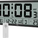 WallarGe Atomic Clock with Indoor Outdoor Temperature - Easy to Read - Self Setting, 14.5'' Jumbo Auto Set Digital Wall Clock Battery Operated (Carbon)