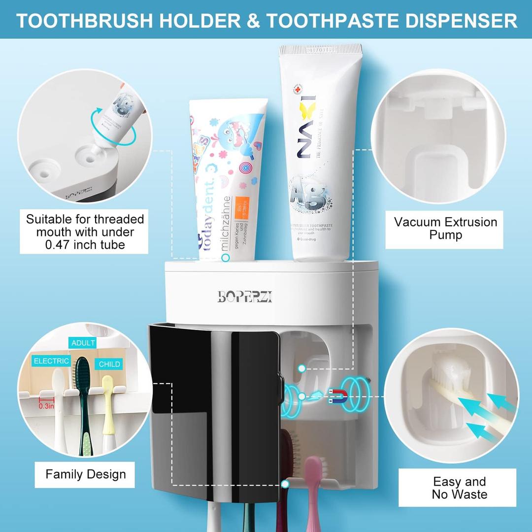 Boperzi Toothbrush Holder Wall Mounted Toothpaste Dispenser Gray Dustproof Cover for Shower Bathroom Set with 2 Toothpaste Squeezers (Not Electric)