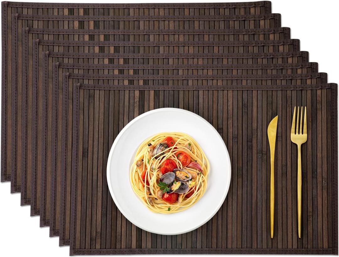 Bamboo Placemats with Fabric Border Set of 8 Natural Bamboo Rectangular Rolling Table Mats for Dining Kitchen Table Heat Resistant Table Protection Dark Brown