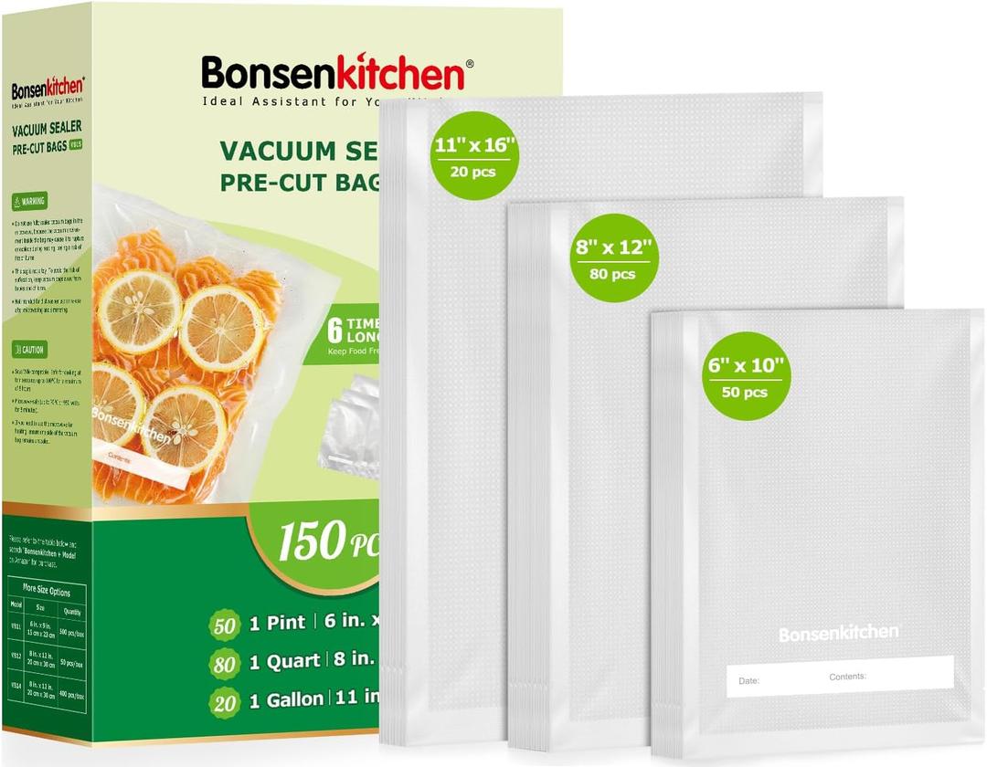 Bonsenkitchen Vacuum Sealer Bags, 20 Gallon 11" x 16"+ 80 Quart 8" x 12"+ 50 Pint 6" x 10", Commercial Grade, BPA Free, Food Sealer Bags for Vac Storage, Meal Prep or Sous Vide Cooking, VB15, 150 Pcs 