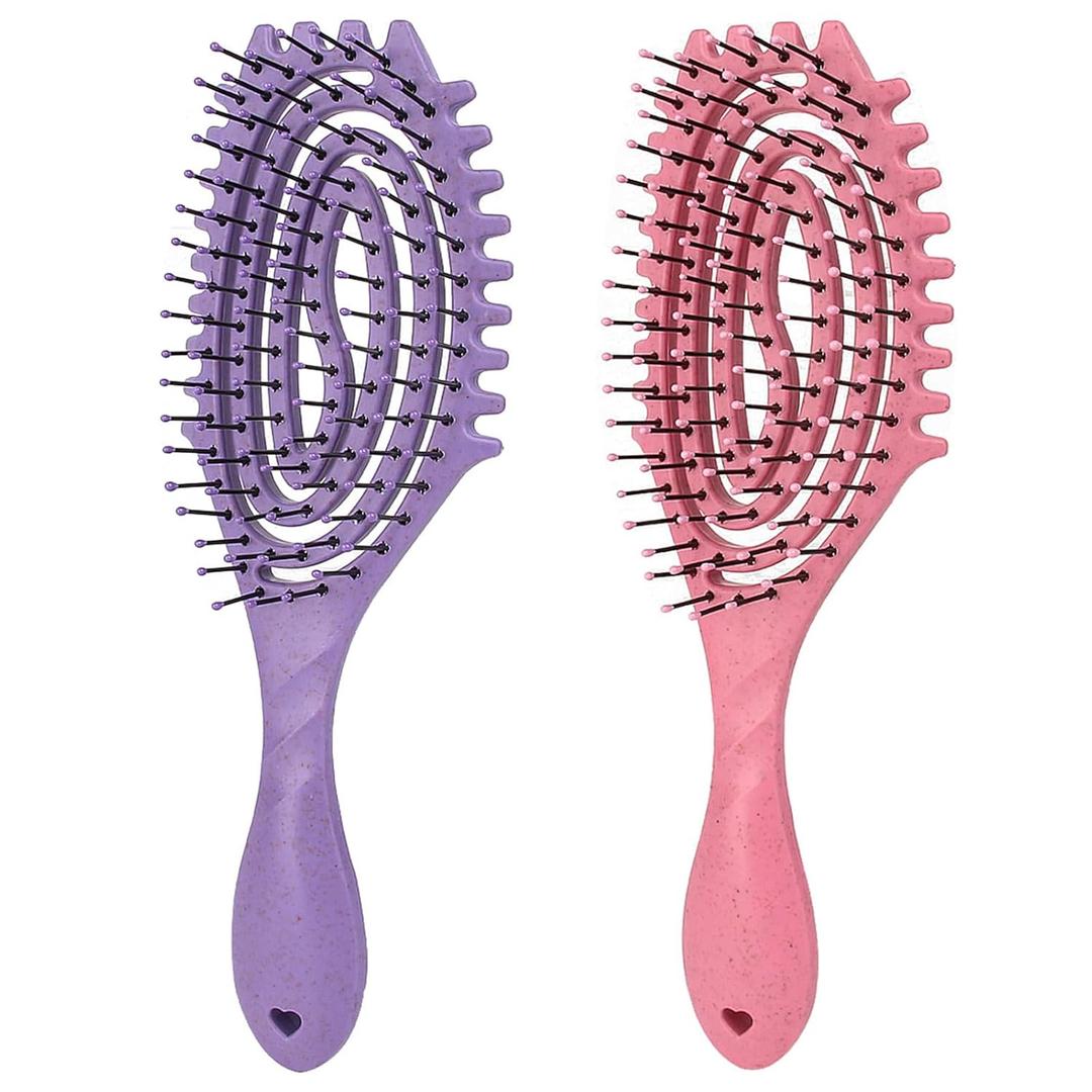Curl Defining Brush, Vented Detangling Wet Hair Brush, Hollow Bouncing Comb for All Hair Types Wet & Dry Hair for Women & Men (Pink + Purple)