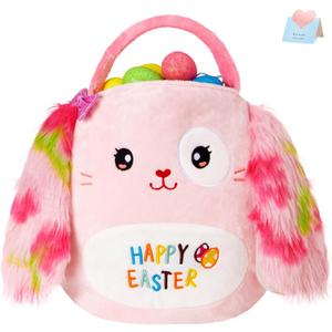 Glow Guards Plush Easter Basket Cute Bunny Easter Treat Pail Ultrasoft Furry Bunny Basket for Easter Egg Hunting,Plush Bucket for Kids & Adults