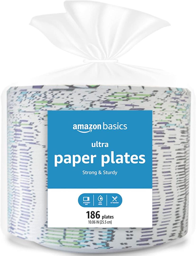 Amazon Basics Ultra Paper Plates, 10 Inch, Disposable, 372 Count (2 pack of 186)