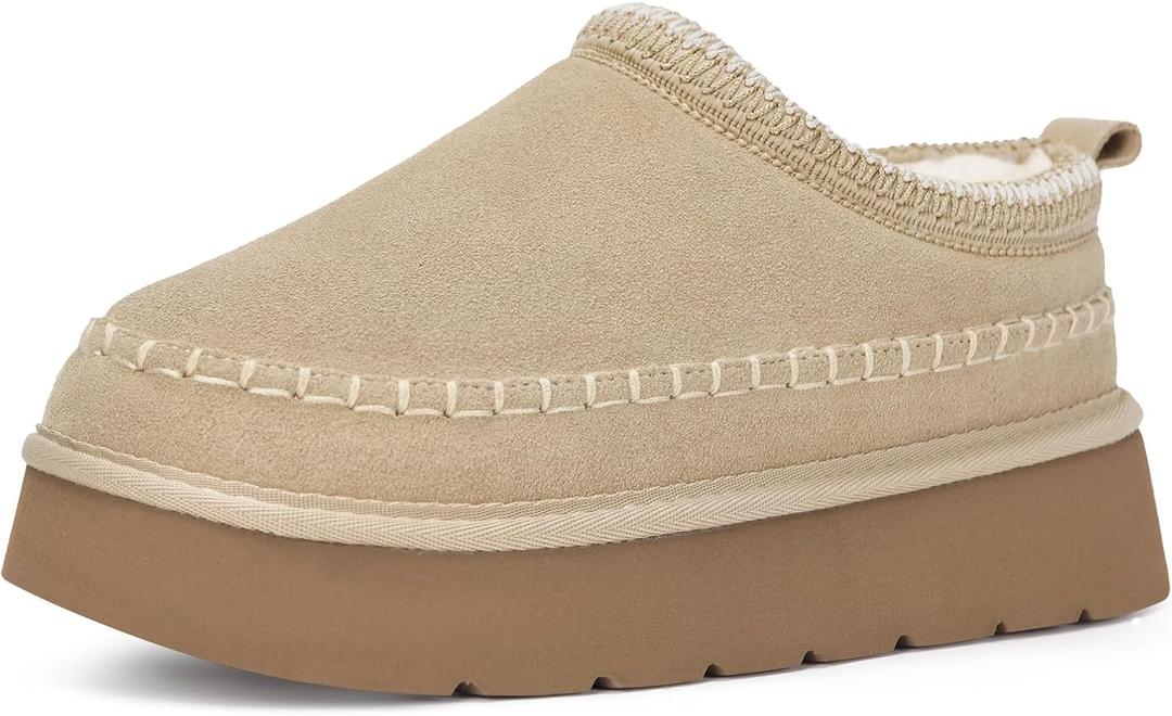 Womens Platform Slippers Ankle Mini Boots Water Resistant Genuine Suede Snow Winter Slippers Fur Fleece Lined Sneakers Cozy Outdoor Warm Slip On House Shoes (39, Apricot)