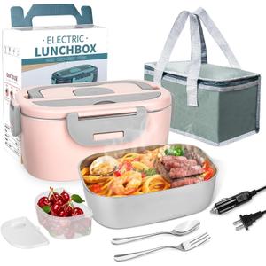 LAVAED Heated Lunch Box Electric for Adults Women - Portable Food Warmer 80W Fast Heating 1.5L Lonchera Electrica With All Accessories for Car/Truck/Office 12/24/110V, Leakproof, BPA Free, Pink