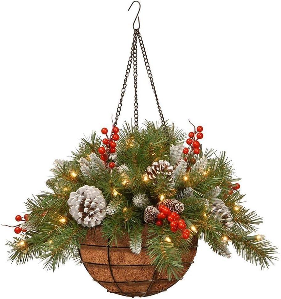 Artificial Christmas Hanging Basket Flocked with Mixed Decorations and Outdoor Decoration,for Decorated with Frosted Pine Cones, Berry Clusters