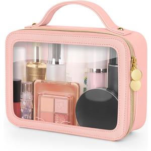 Soimeat Clear Makeup Bag, Portable Travel Cosmetic Bags, Multipurpose Leather Toiletry Bag with Zipper, Waterproof Transparent Cosmetic Organizer for Women, Medium, Pink
