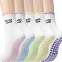5 Paris Cute Pilates Grip Socks for Women Ruffle Embroidery Non Slip Cotton Yoga Socks for Ballet Barre Workout Hospital Pilates Lover Gifts (White)