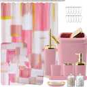 XLHOMO Bathroom Set - Pink and Gold Bathroom Accessories Set, Bathroom Sets with Shower Curtain and Rugs, Pink Shower Curtain Set with Bathroom Trash Can, Soap Dispenser, Soap Dish for Home Decor