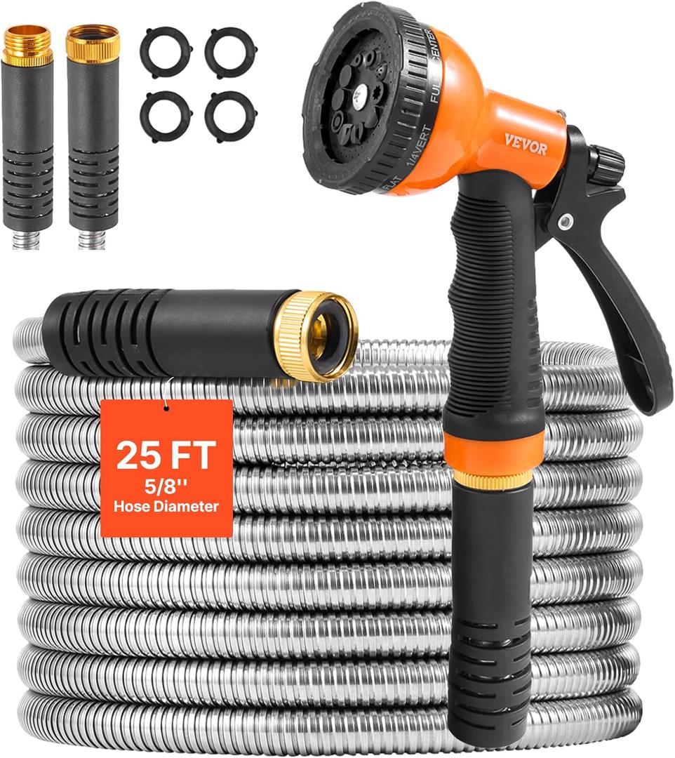 VEVOR Metal Garden Hose 25 ft, Rust Proof Stainless Steel Water Hose, Heavy Duty Backyard Hose with 10 Function Nozzle, No-Kink & Flexible Water Pipe, Lightweight Metal Hose for Yard, Outdoor