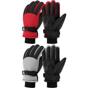Kids Winter Gloves Waterproof Snow Ski Gloves for Boys Girls Warm Adjustable Accessories for Cold Weather (12-14 Years, Red, Gray)