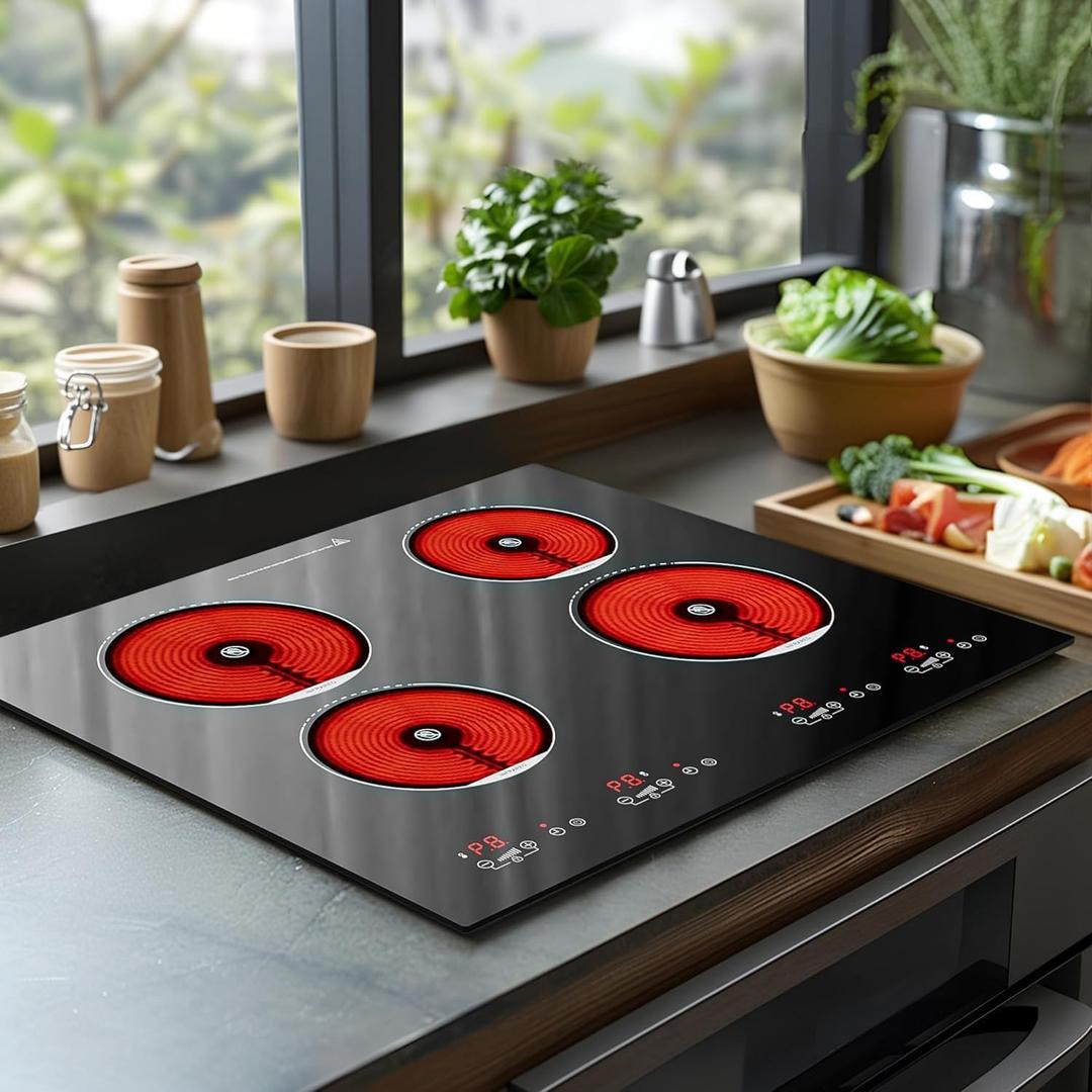 ADVWIN Electric Cooktop, 4 Burner Knob Control Plug in Built-in Ceramic 6000W Electric Stove Top with Child Safty Lock & Timer & Over-Temperature Protection & 9 Power Setting,220v,no plug