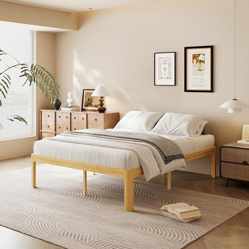COMASACH 18 Inch Queen Wood Platform Bed，Mid-Century Wood Bed Frame Queen Size, No Box Spring Needed, Natural Finish, Easy Assembly