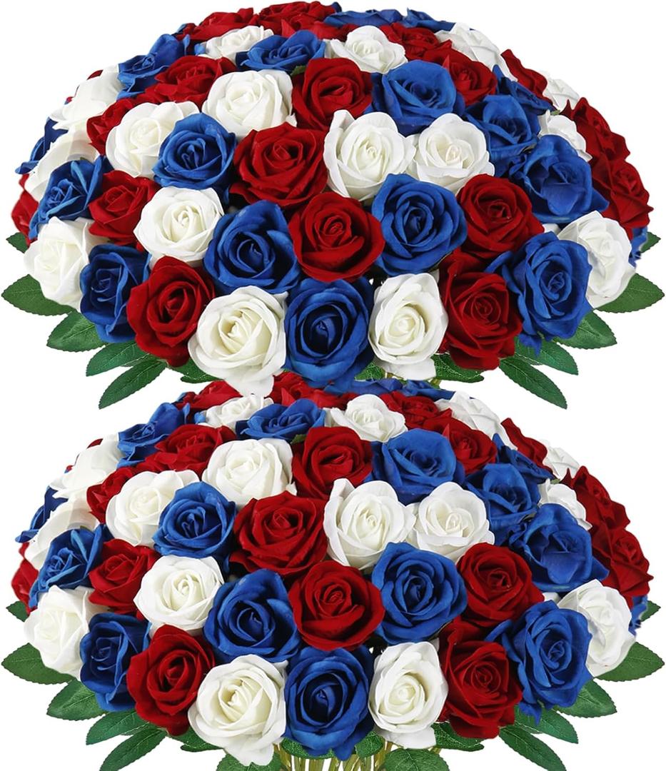 48Pcs Roses Artificial Flowers Bulk Red White and Blue Flowers 4th of July Long Stem Fake Silk Roses Flowers Patriotic Roses Flowers for Home Decor Memorial Day Independence Day Table Centerpiece