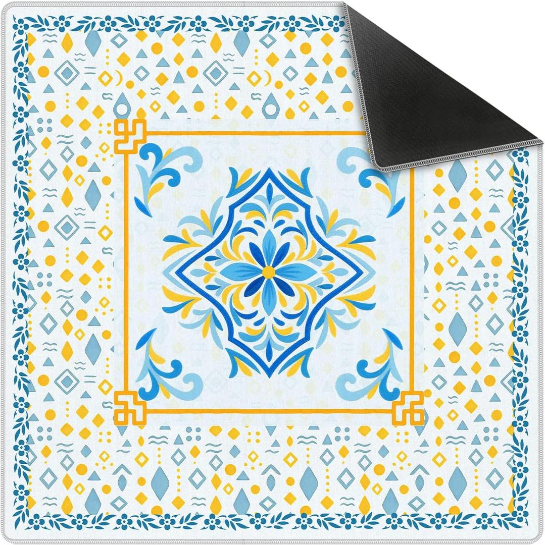 Blue and Yellow Chinoiserie Floral Mahjong Mat 31.5 x 31.5 in, Oriental Chinese Non-Slip Noise Reduction Gaming Mat for Table American Mahjong Poker Board Games Card Games Dominoes