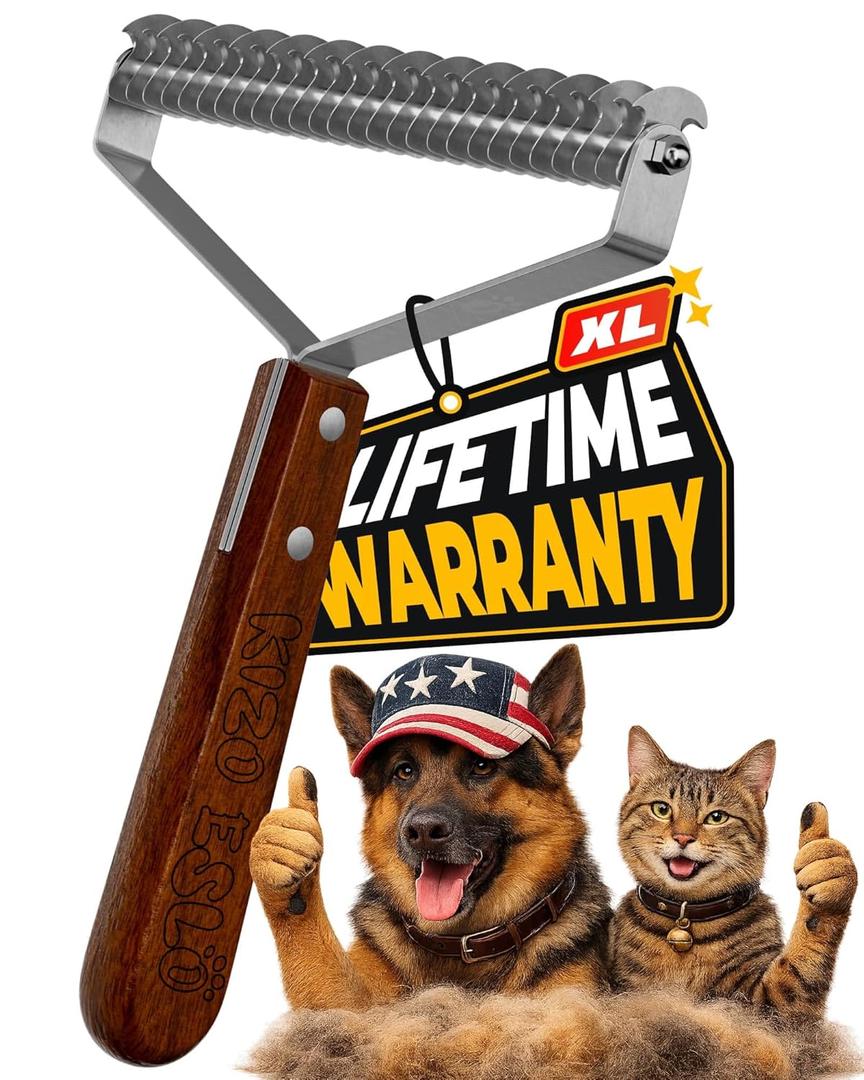 Extra Large 2-Sided Undercoat Rake for Dogs & Cats, Dog Brush for Shedding Remove Mats, Dematting Comb, Safe&Gentle Grooming Brush for German Shepherds Medium to Long-Haired Pets,Premium Wooden Handle (Best Seller - XL - African Sapele)