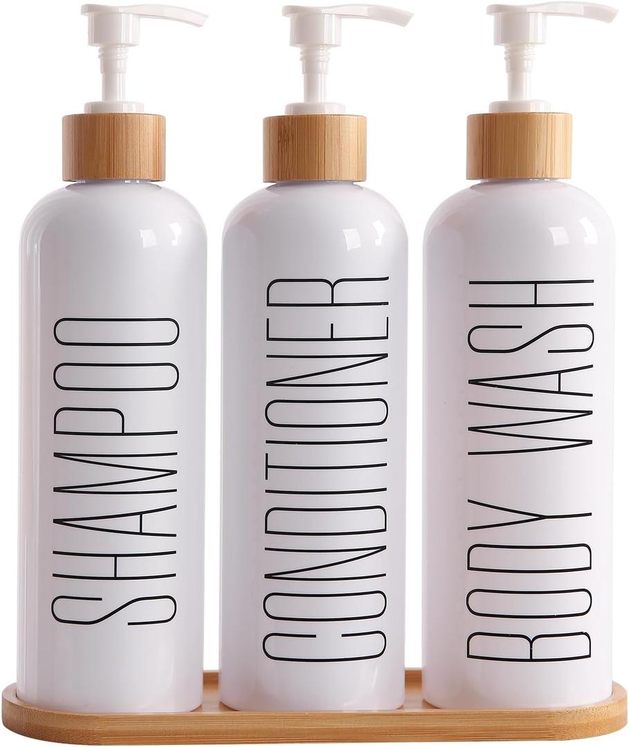 Shampoo and Conditioner Dispenser, Contains Shampoo Conditioner Body Wash Dispenser. Shower Soap Dispenser with Bamboo Pumps & Tray, Perfect for Modern Bathroom Decor. (White)