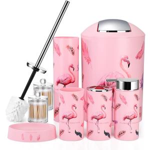 OTOSTAR Bathroom Accessory Set 8 Pcs Pink Flamingos Bathroom Accessories Set Bathroom Set with Trash Can Soap Dispenser Toothbrush Holder Tumbler Soap Dish Toilet Brush Holder Qtip Holder (Flamingo)