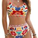 Blooming Jelly Womens High Waisted Bikini Sets Drawstring Tummy Control Swimsuits Crisscross Tie Back Bathing Suit (Small, Multicolor)