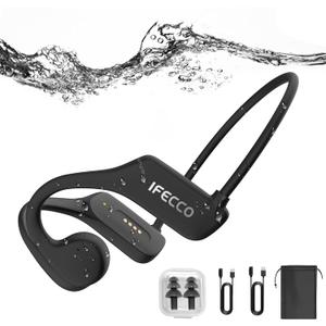 IFECCO Bone Conduction Headphones Swimming - IP68 Waterproof Headphones for Swimming Bluetooth 5.3,Wireless Open Ear Underwater Earbuds with 32G Mp3 Built-in Mic for Sport Running Cycling (Black)